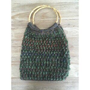 Vintage Boutique Hand Made Bamboo Handle Thick Yarn Knitting Hobo Purse Bag